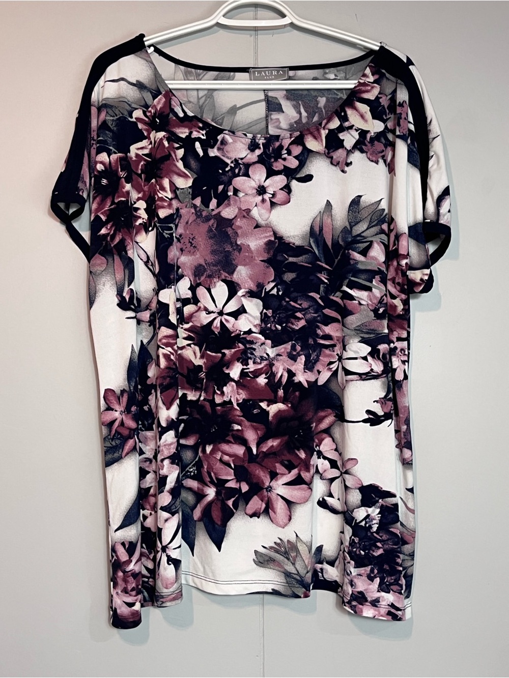 Laura Plus 2X Floral Print Long Sleeve Tunic Top Pink Black White